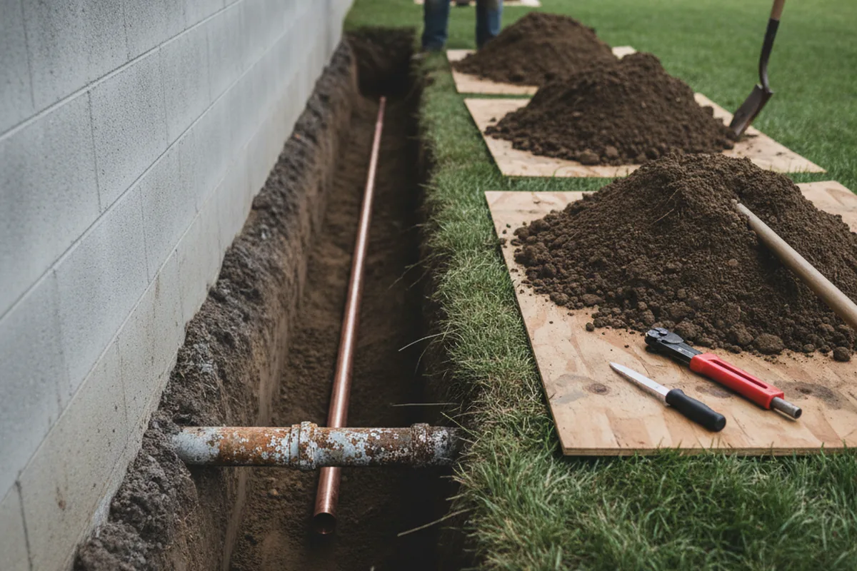 Excavated water line trench during Water Heater Repair in Lenoir City